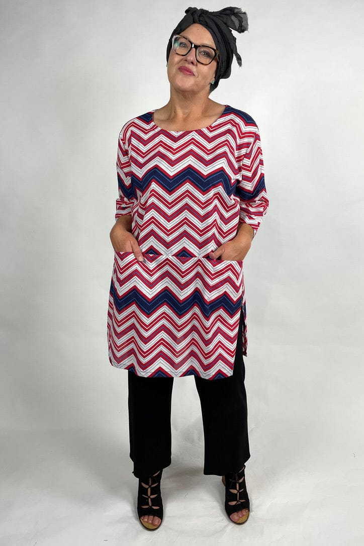 I own this ship pocket dress in cool cotton with chevron stripe print  in navy white and red with front pockets worn with weyre 7/8 malcolm pant in black