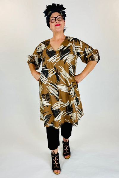 I Own This Ship Dress perry front pleat dress brushstroke tan