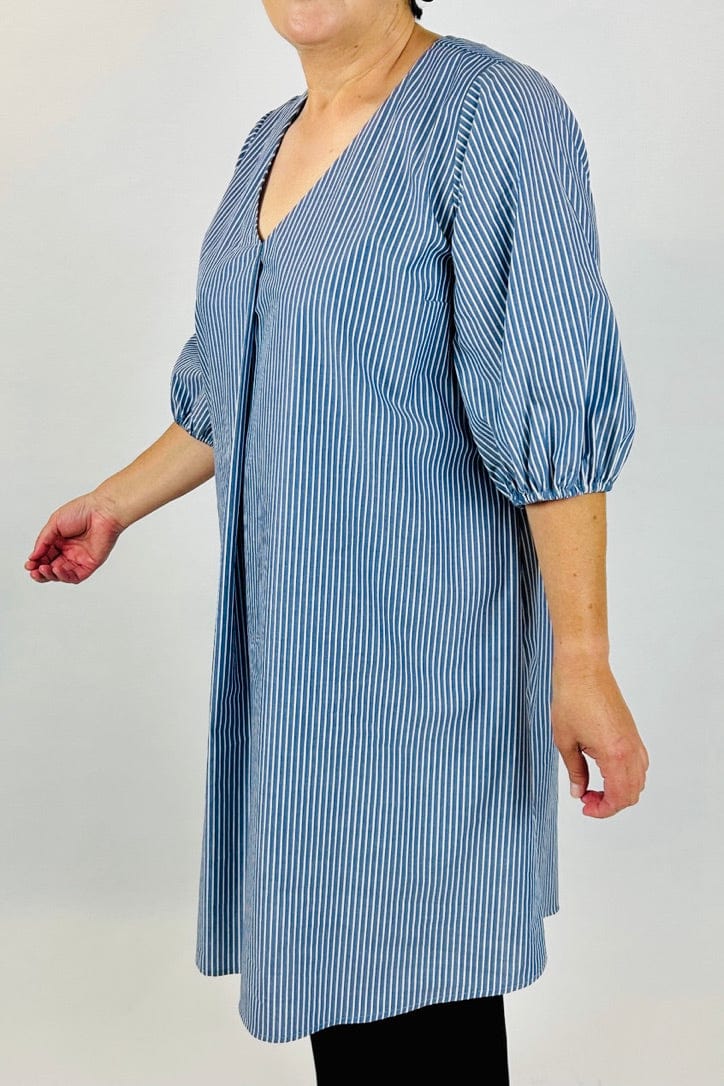 I Own This Ship Dress with sleeves perry front pleat dress sky blue stripe